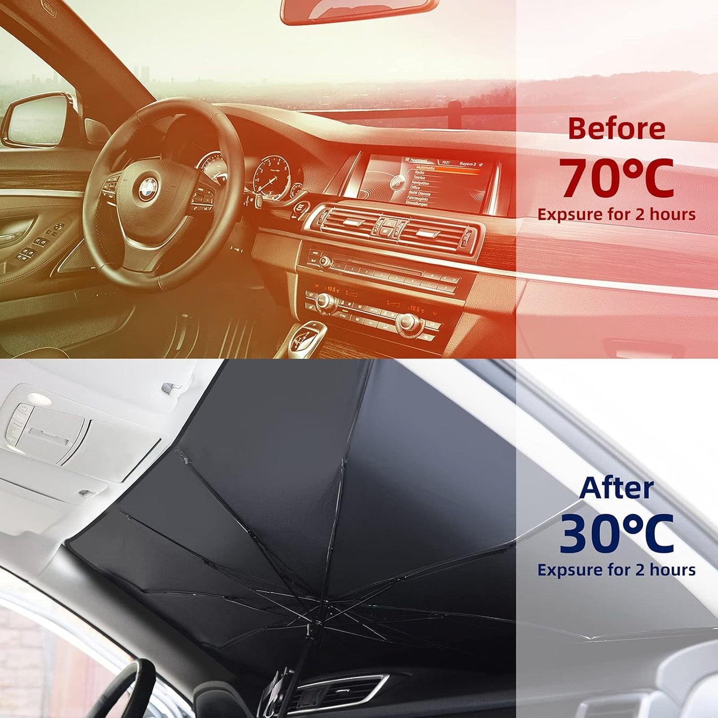 BN-LINK Foldable Car Windshield Sunshade, Heat & UV Rays Blocking Car Umbrella, Car Sun Shade with Carry Bag, Universal Fits Cars & SUVs (55.1" x 31.5")