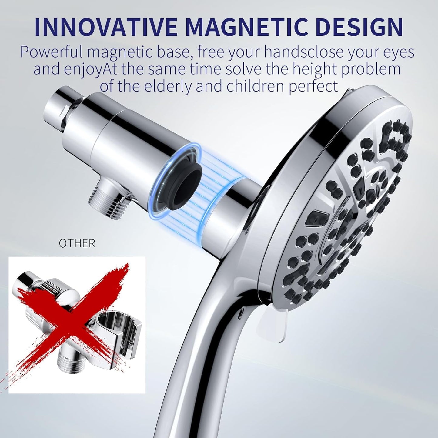 BN-LINK High Pressure 10 Ways Handheld Shower Head Chrome- Anti-clog Nozzles, Built-in Power Wash to Clean Tub, Magnetitc Rainfall Shower Wand, with 4.9FT Stainless Steel Water Hose, Adjustable Spray