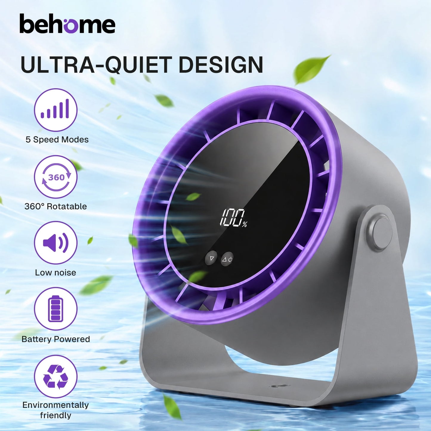 Behome Desk Fan, Small Table Fan with 5 Speeds Adjustable Strong Wind, Mini Desktop Fan with LED Display for Office, Home, Bedroom, kitchen, Black