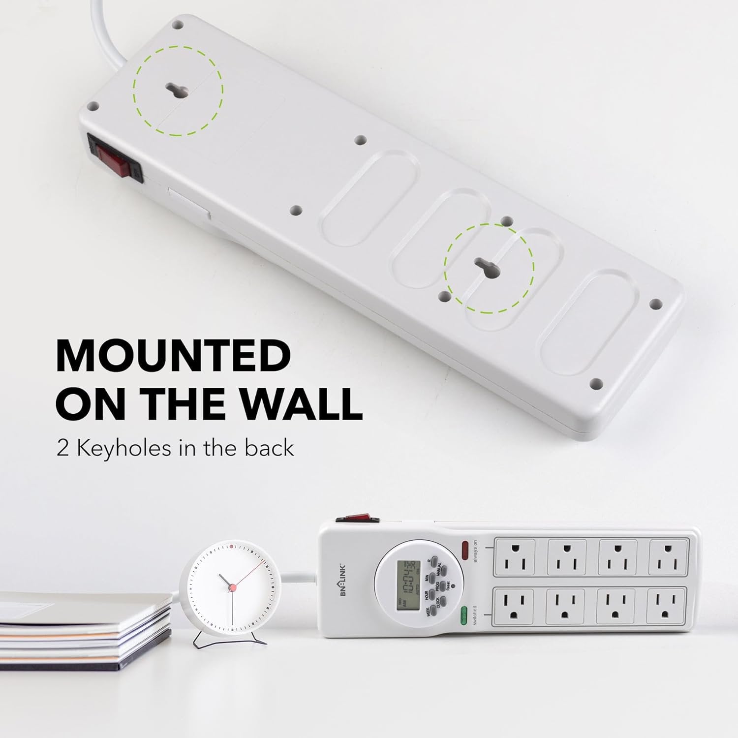 BN-LINK 8 Outlet Surge Protector with 7-Day Digital Timer (4 Outlets Timed, 4 Outlets Always On) - White