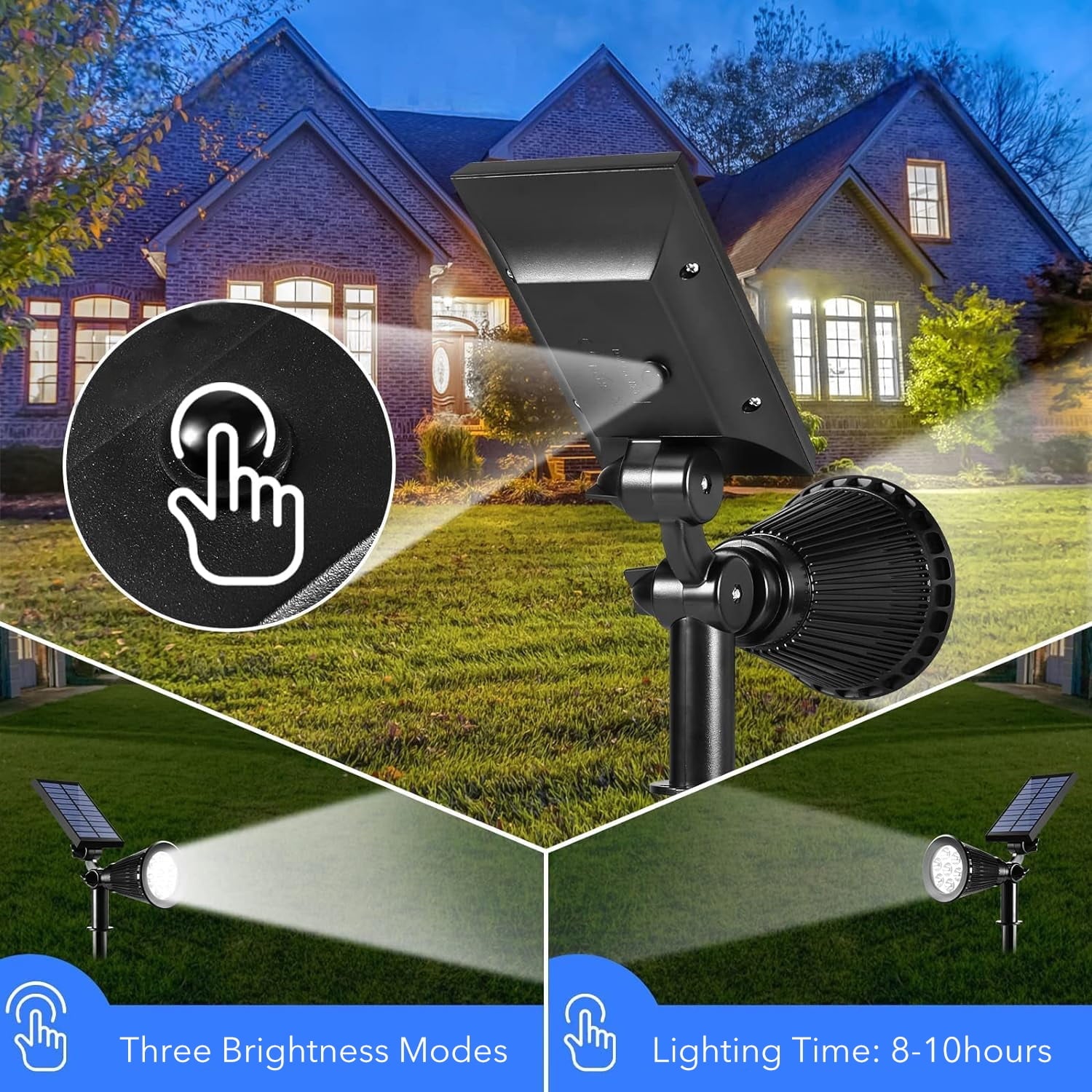 Behome Solar Spot Lights Outdoor Waterproof, 3 Lighting Modes Solar Landscape Lights for Outside, 7 LED Solar Powered Lights for Patio,Yard and Garden(2 Pack)