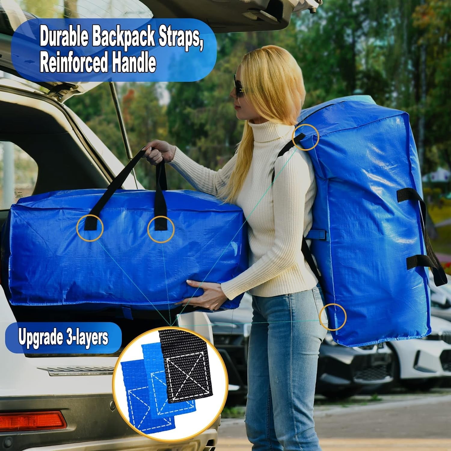 4 Pack Moving Bags Heavy Duty Extra Large, Blue Moving Totes Bag with Zippers Backpack Handles for Clothes, Moving Boxes Dorm College Packing Supplies