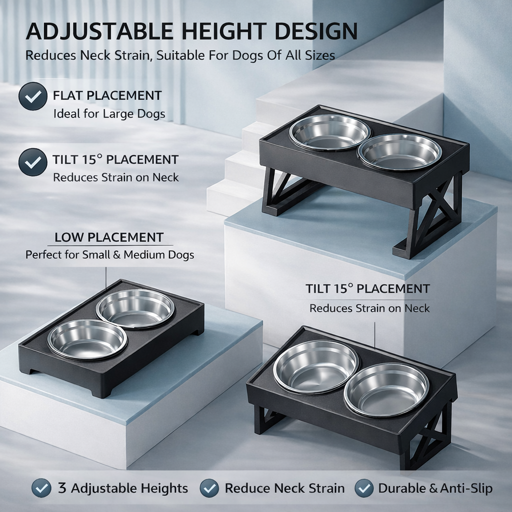 Behmoe Elevated Dog Bowls for Medium Large Dogs,3 Heights Adjustable Breed Raised Dogs Bowl Stand with 2 Stainless Steel Water And Food Bowls,Non-Slip Feeder Dish Station,Black