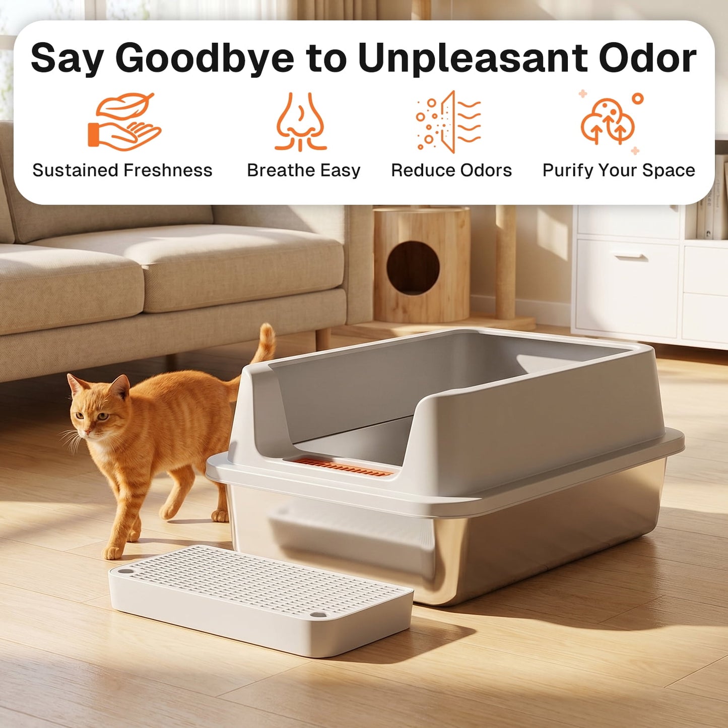 Behome XXL Stainless Steel Cat Litter Box, Extra Large Litter Box for Large Cats, Anti-Urine Leakage, Easy Cleaning, Include Scoop & Pedal