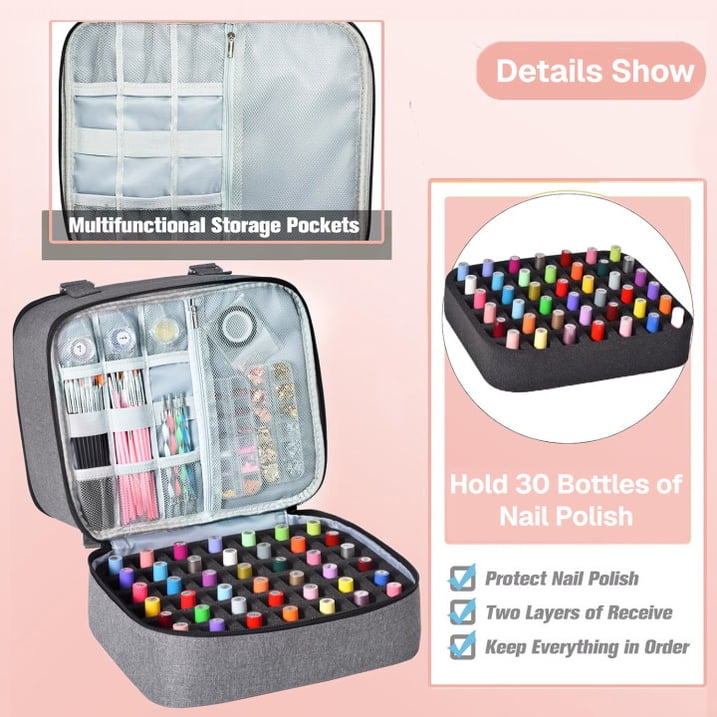 Behome Double Layers Nail Polish Organizer Bag, Nail Kit Organizer Holds 30 Bottles & Nail Lamp, Nail Polish Carrying Case with Manicure Tools Storage Sections, Grey
