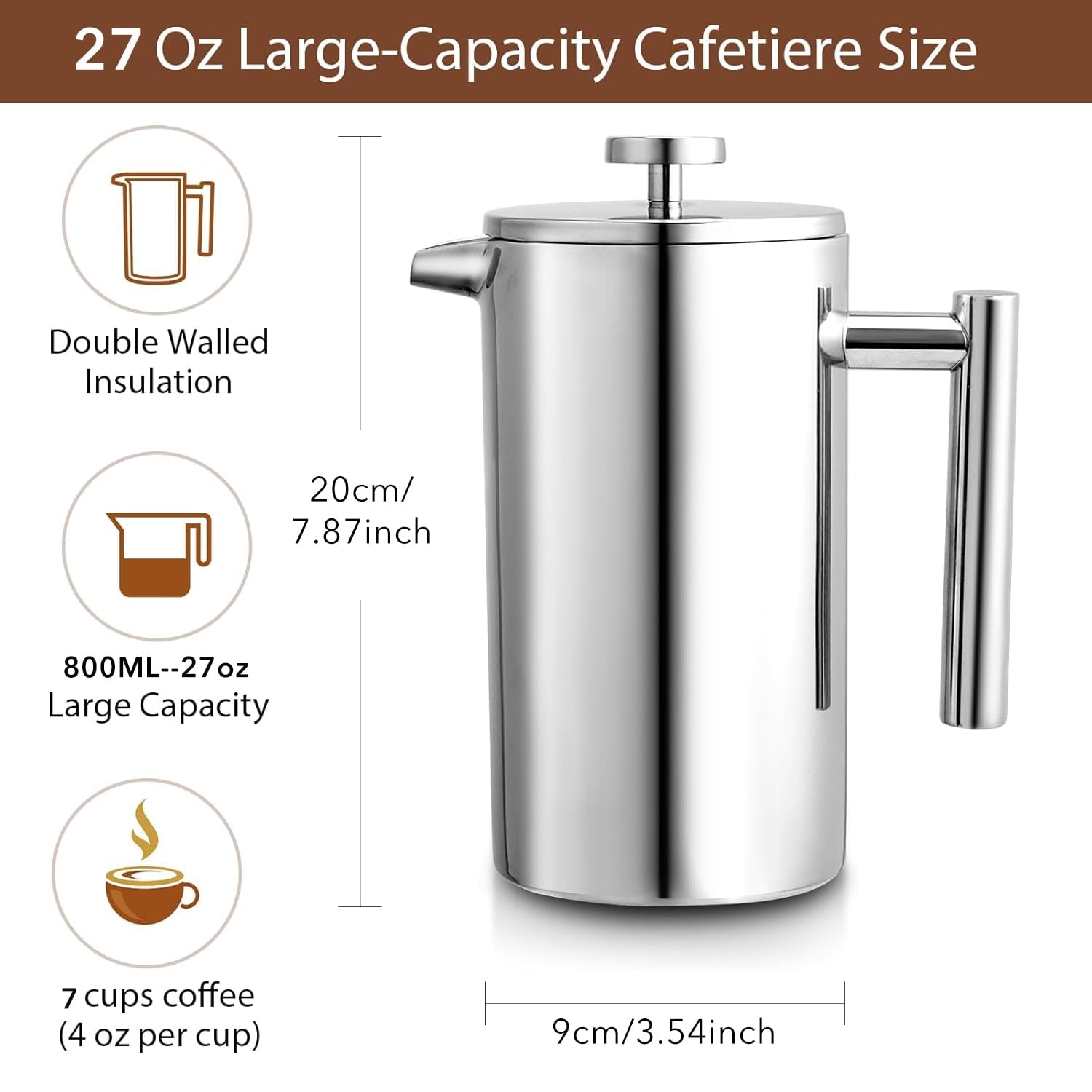 Behome French Press Coffee Maker, 27oz Stainless Steel French Press Coffee Maker, 3 Filtration & Double Wall Insulation, Rust-Free, Food Grade & Safe Coffee Pot