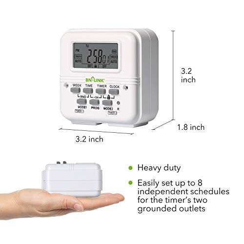 BN-LINK 7 Day Heavy Duty Digital Programmable Dual Outlet Timer - 2 Independently Programmable Grounded Outlets