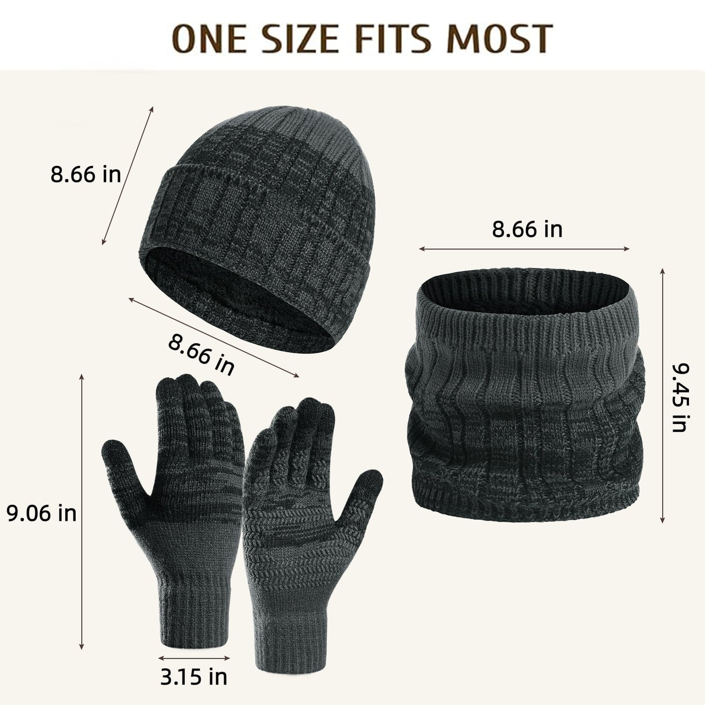 Behome Winter Gloves and Scarf Set, Knit Warm Long Neck Scarves Cap Gloves 3 in 1 Set for Men, Dark Gray