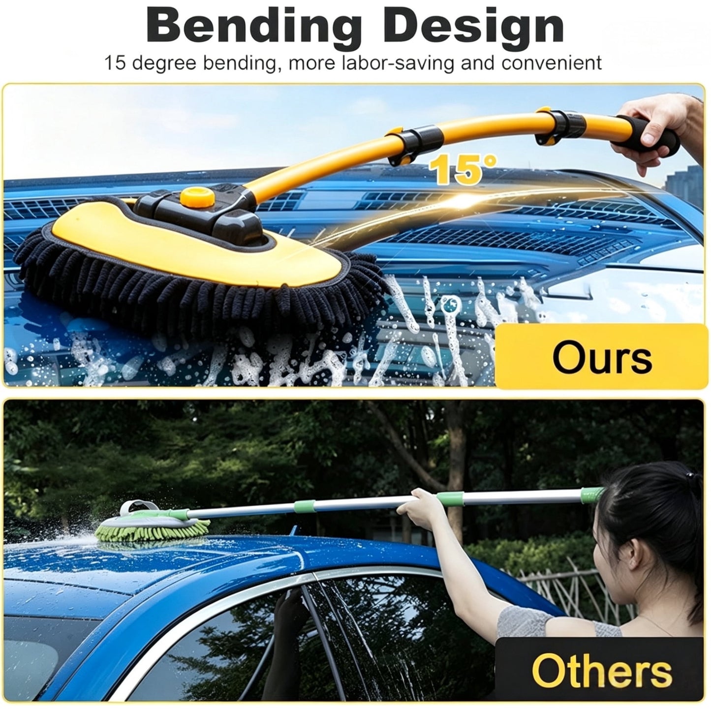 Behome Car Wash Brush, 40" Car Wash Brush with Long Handle, Retractable Bent Pole Car Wash Brush for Cars RV Truck Boat, Yellow