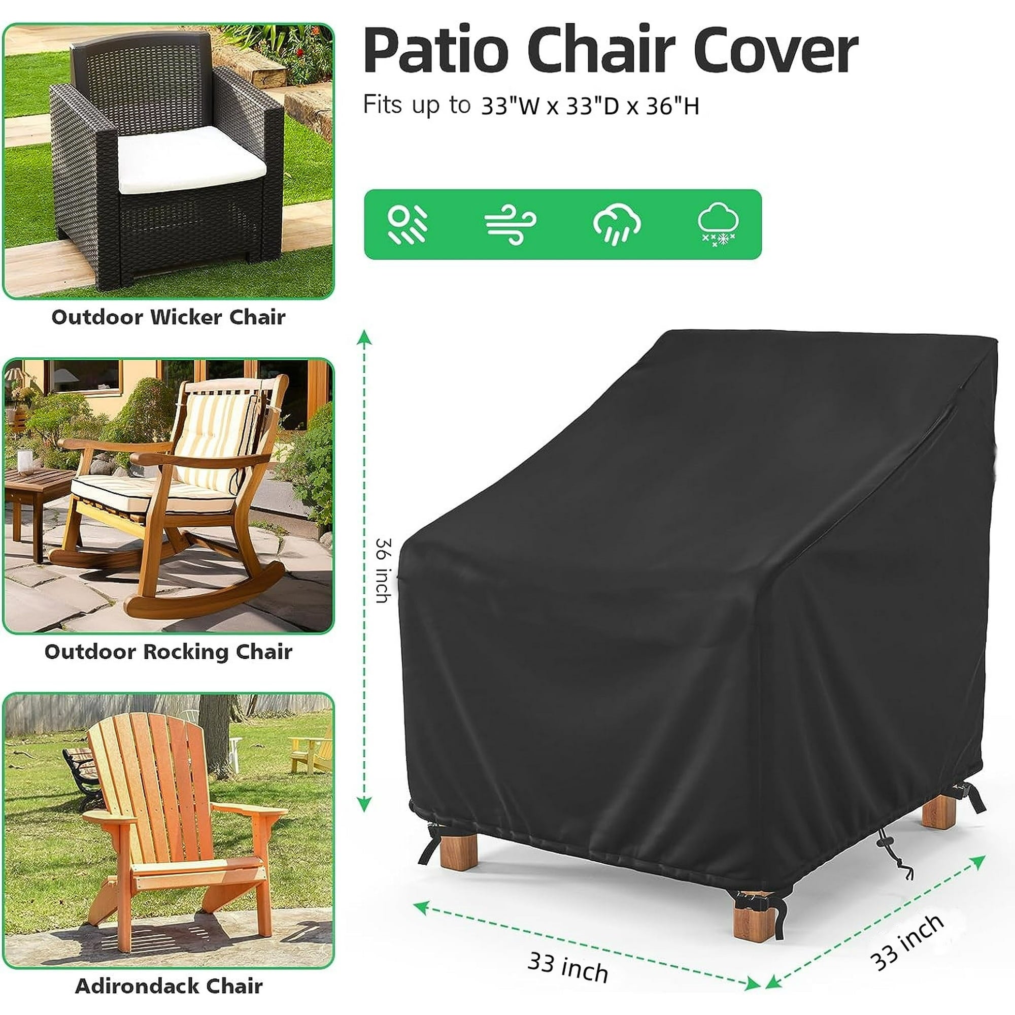 Outdoor Chair Covers, 210D Patio Furniture Covers Waterproof, Lawn Furnitures Covers Fits up to 33W x 33D x 36H Inches, Black, 2 Pack