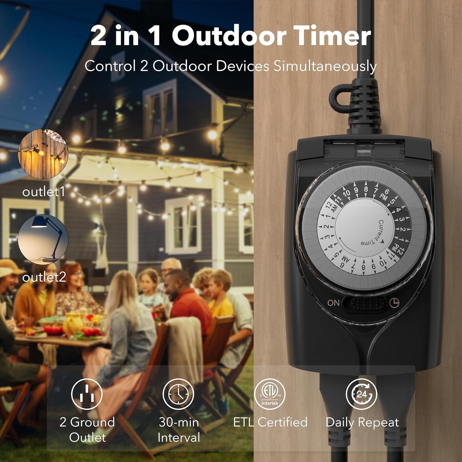 HBN Outlet Timer, 24 Hour Mechanical Outdoor Timer for Lights, Plug in Timer Waterproof, 2 Grounded Timer Outlets for String Lights and Holiday Decorations, 15A 1/2HP