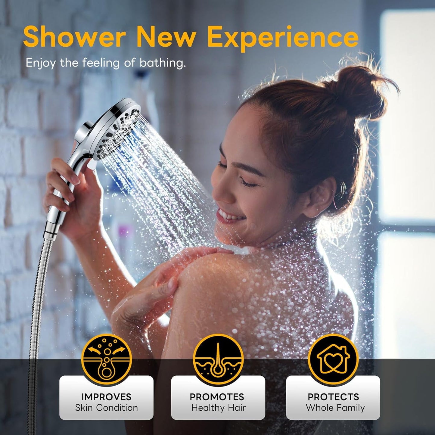 BN-LINK High Pressure 10 Ways Handheld Shower Head Chrome- Anti-clog Nozzles, Built-in Power Wash to Clean Tub, Magnetitc Rainfall Shower Wand, with 4.9FT Stainless Steel Water Hose, Adjustable Spray