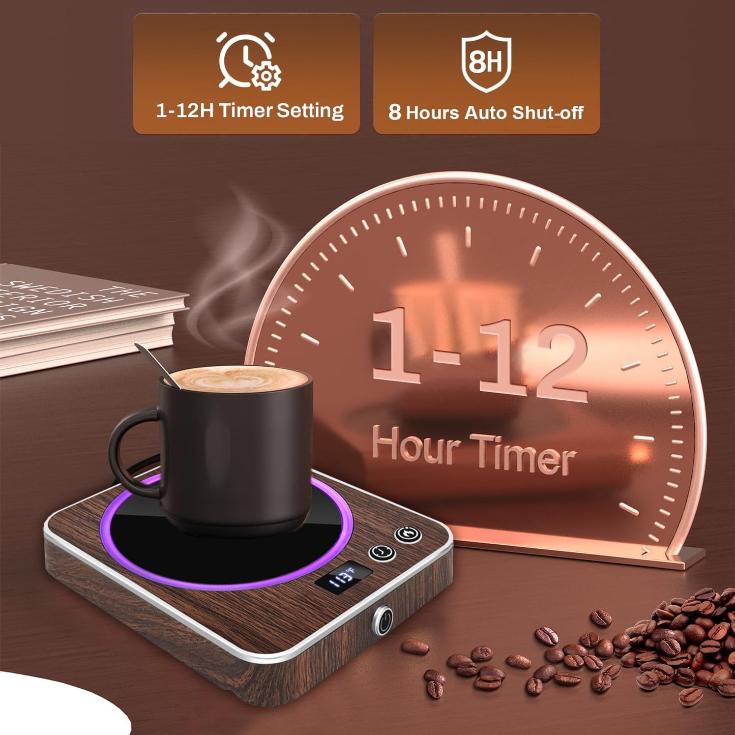 BN-LINK Coffee Mug Warmer with Light, Electric Cup Warmer for Desk with 3 Temperature Settings, Auto Shut Off, Beverage Warmer for Heating Coffee, Milk, Tea and Hot Chocolate(Wood Color)