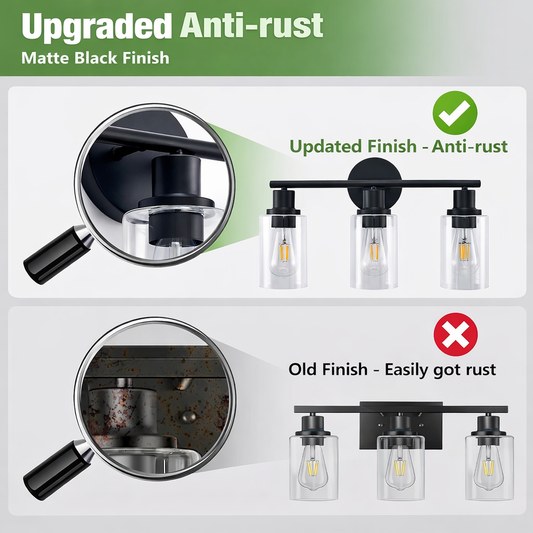 Behome 3-Light Bathroom Light Fixtures, 16.93" Black Modern Vanity Lights with Clear Glass Shade, Bathroom Wall Lamp for Mirror Kitchen Living Room Hallway Cabinet Porch, E26 Base, Bulbs Not Included