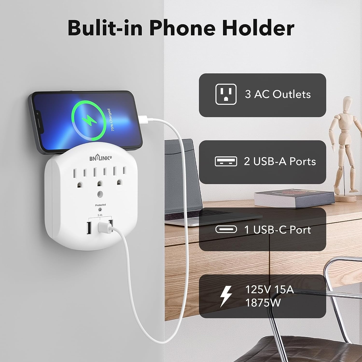 BN-LINK Multi Plug Outlet, USB Wall Charger Surge Protector with 3 Outlets, 3 USB Charging Ports(Total 3.4A) and Auto Sensor LED Night Light, Wall Plug Adapter for Traveling, Home, School, Office