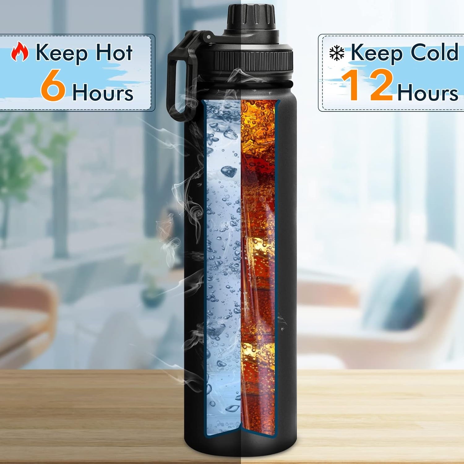 BN-LINK 25oz Insulated Sports Water Bottle, Double Wall Vacuum & Stainless Steel, Leak Proof & BPA-Free, Keeps Cold and Hot, Great for Travel, Hiking, Biking, Running (Black)