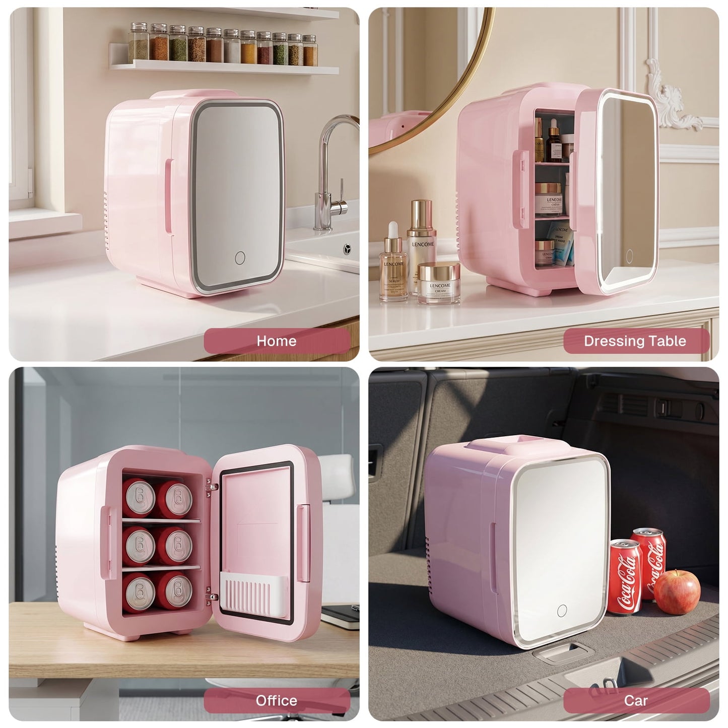 Behome 4L Mini Fridge with Mirror & 3 Brightness Levels, Quiet Small Fridge Cooler & Warmer, Mini Refrigerator for Bedroom, Office, Car, for Food, Drinks, Skincare & Makeup