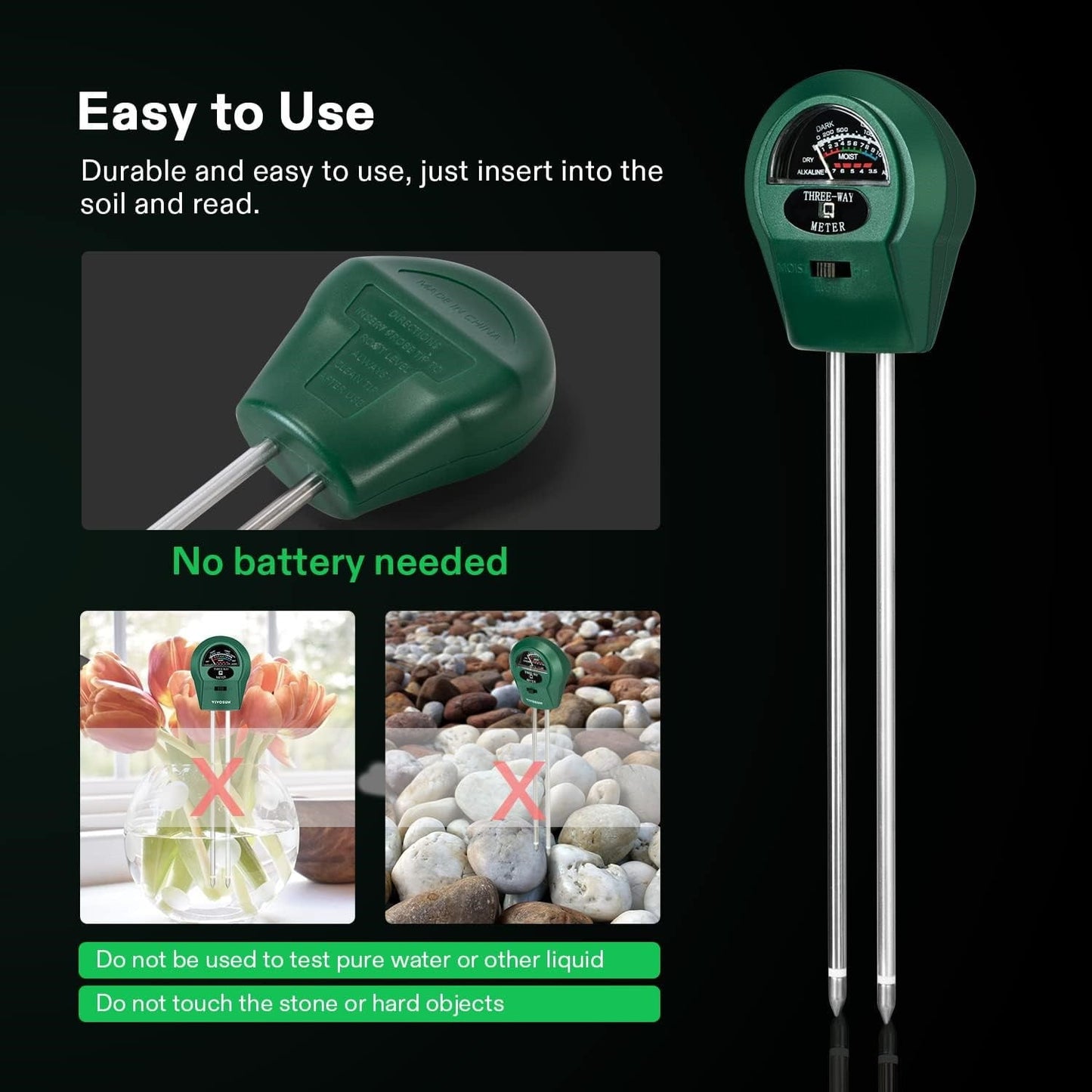 BN-LINK Soil Meter, 3-in-1 Plant Moisture Light PH Tester for Gardening, Farming Indoor & Outdoor Use, No Batteries Needed, 2 Pack, Green