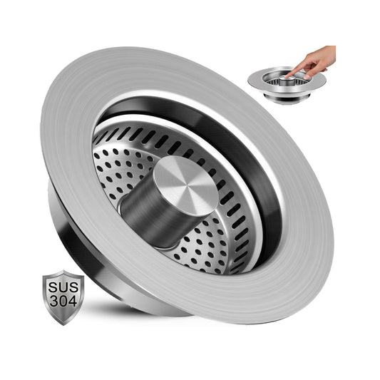 Behome 3 in 1 Kitchen Sink Drain Strainer, 304 Stainless Steel Pop Up Sink Stopper, Fits Standard 3-1/2 Inch Drain Hole, Universal Sink Protector Cover, Anti-Clogging Design, Silver