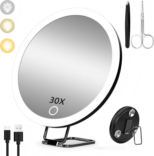 Behome 30x Magnifying Mirror With Light, 360°Adjustable Stand & Suction Cups Vanity Mirror, 3 Color Modes & Stepless Dimming, Rechargeable Lighted Makeup Mirror, for Vanity