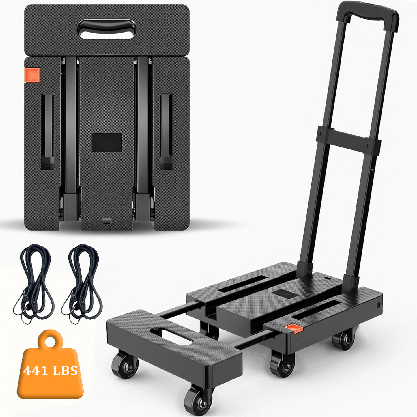 BN-LINK Folding Hand Truck, Portable Heavy Duty Dolly Cart, 6 Wheels Collapsible Luggage Cart with 2 Elastic Rope, for Moving, Travel, House, Office, Shopping, Black
