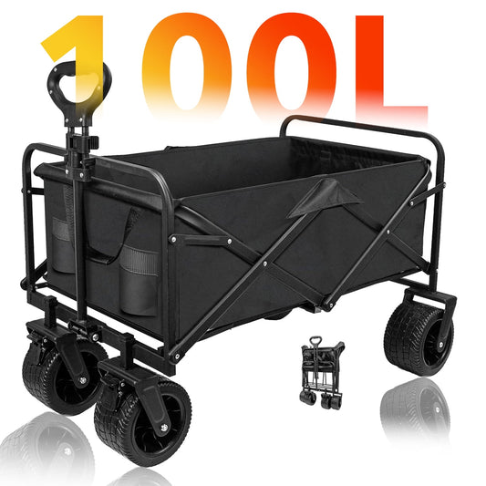 BN-LINk Collapsible Folding Wagon Cart, 330lb Heavy Duty Utility Cart with Silent Universal Wheels & Brake, Garden Cart with Side Pocket, Adjustable Handle, for Camping, Picnic