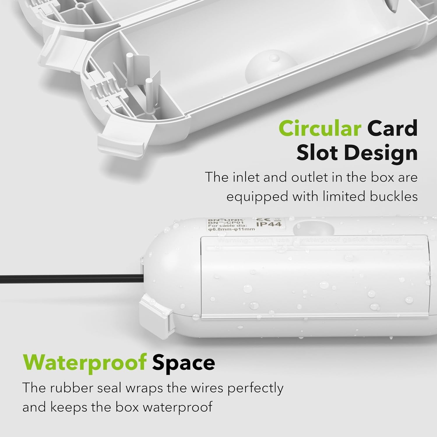 BN-LINK Outdoor Extension Cord Safety Cover, Weather Resistant Seal Housing with 4 Latches, Fits 12/14/16 AWG Extension Cord, Holiday String Lights, Plug, Waterproof IP44, White, 2Pack