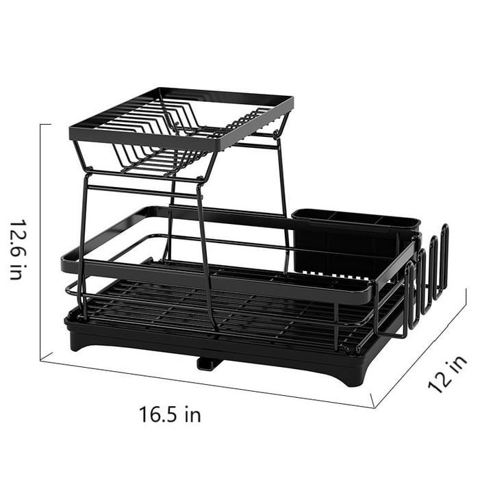 BN-LINK Dish Drying Rack, 2-Tier Dish Racks for Kitchen Counter, Dish Rack with Drainboard, Dish Drainer with Utensils Holder, for Dishes, Bowls, Cups, Knives, Forks, Black