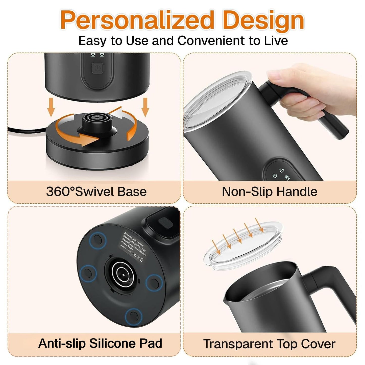 Behome Milk Frother, 4 in 1 Electric Milk Steamer, 11.8oz/350ml Automatic Hot and Cold Foam Maker and Milk Warmer for Latte, Cappuccinos, Macchiato, Hot Chocolate, Black