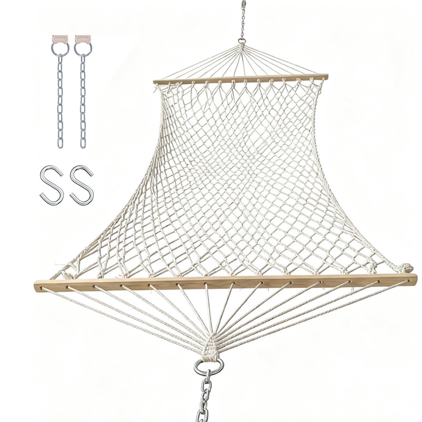 BN-LINK Cotton Rope Hammock,Handwoven Hammock with Hardwood Spreader Bars,Double Hammock for Outdoor Backyard Patio Poolside,330 LBS Weight Capacity, Natural
