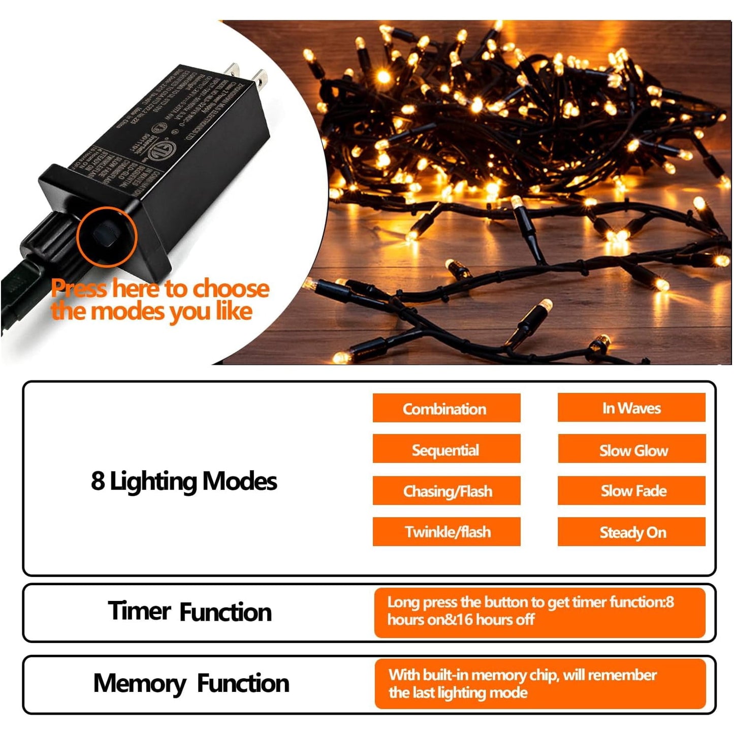 BN-LINK 99FT 300 LED String Lights, Plug-in Outdoor/Indoor Christmas Tree Lights with 8 Modes, Waterproof String Lights for House Yard, Patio & Xmas Decorations(Warm White)