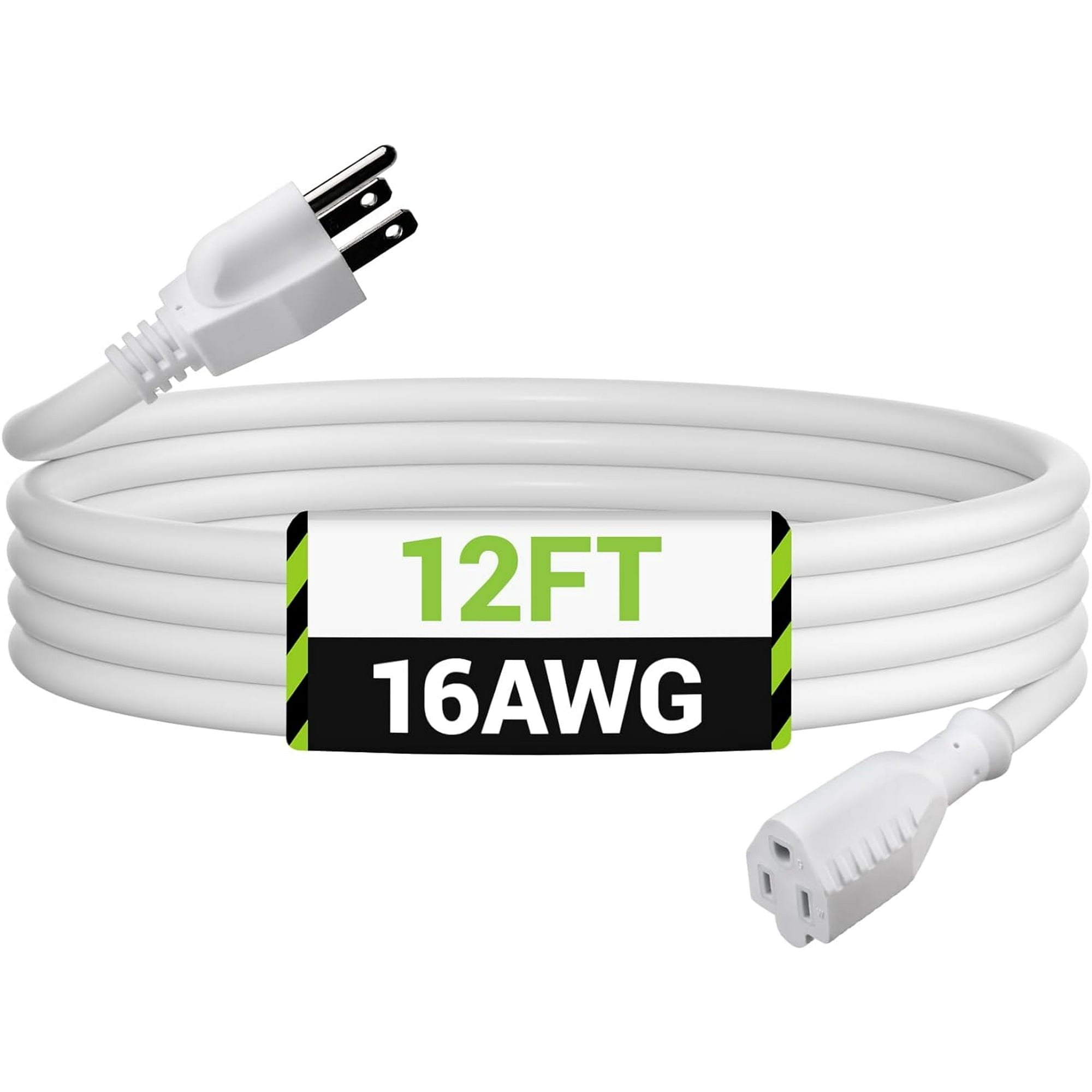 BN-LINK 12ft Outdoor Extension Cord, 3-Prong, 16 Gauge General Purpose Power Cord, Grounded Plug, White, for Landscaping & Holiday Decorations, Home & Office, 13A ETL