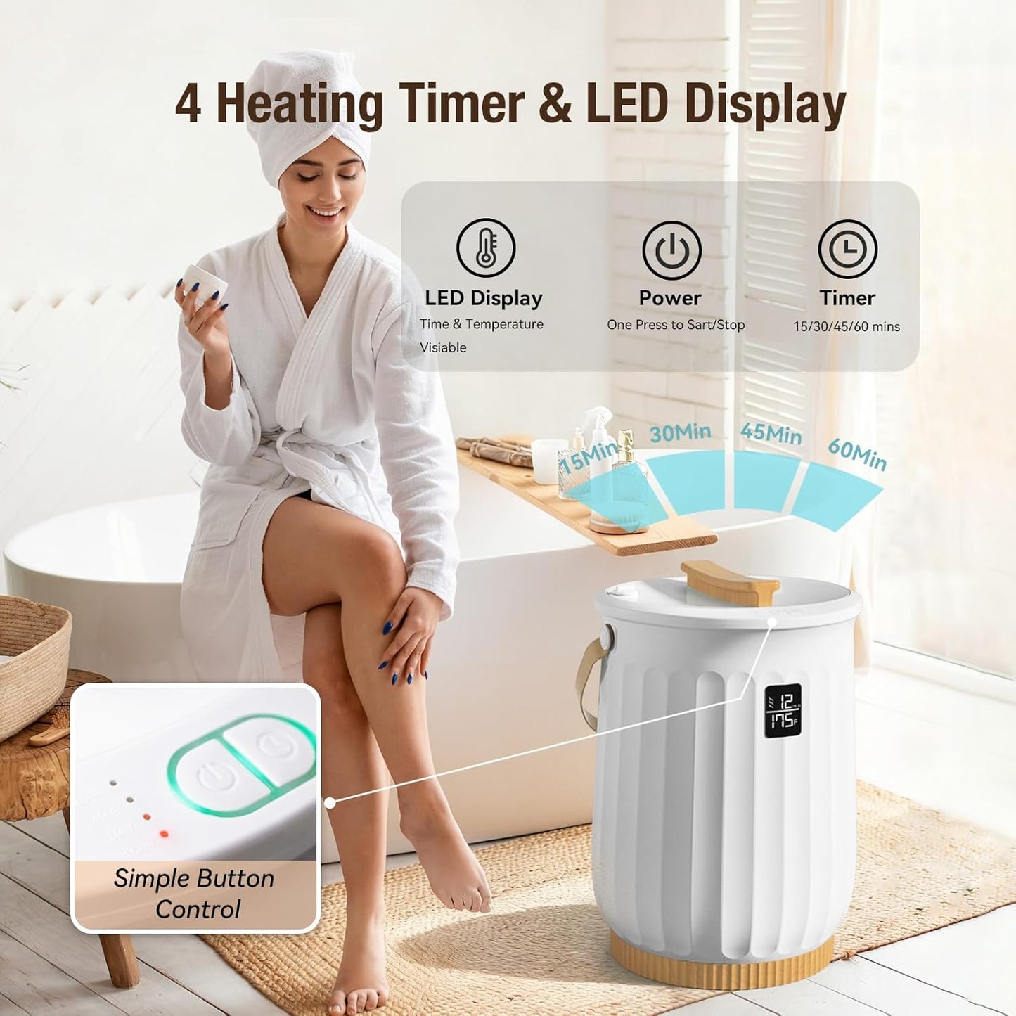 Behome Tower Warmer, 20L Large Hot Towel Warmers Bucket with LED Display, Auto Shut Off, Child Lock, Heat Timer 15/30/45/60 Min Adjustable, for Hot Tub, Bathroom, Spa, White