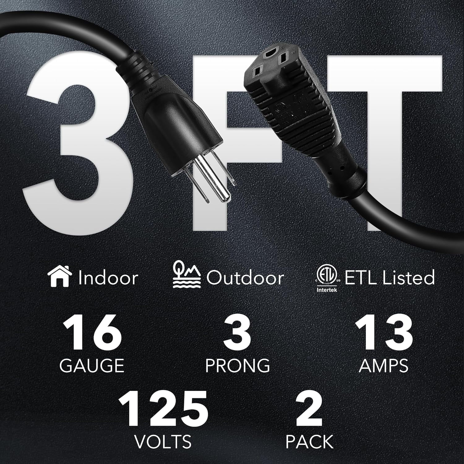 BN-LINK 3 ft Indoor Outdoor Extension Cord 16/3 SJTW, 2 Pack, Black, PVC Cable Jacket, 3-Prong, Weather Resistant, Flame Retardant, Suitable for Indoor, Landscaping & Holiday Decorations, 13A ETL