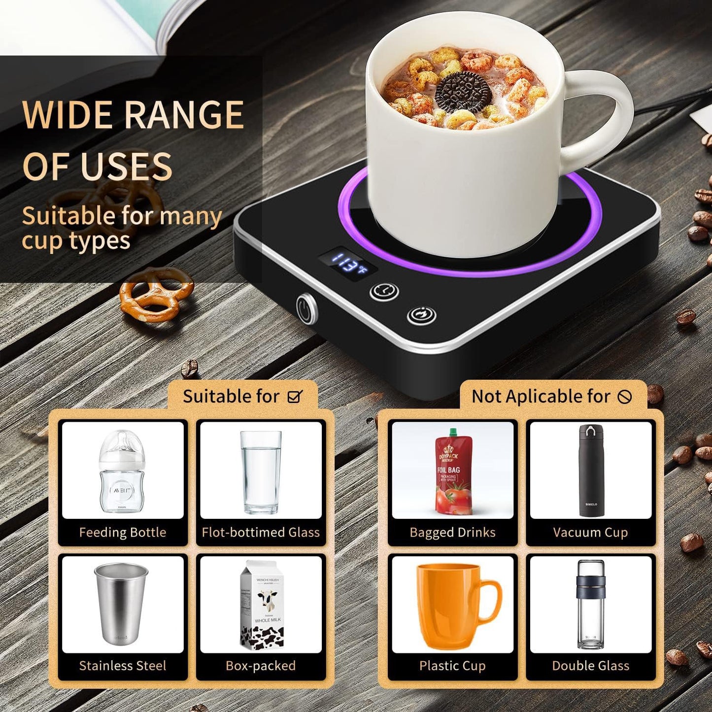 BN-LINK Coffee Mug Warmer with Light, Electric Cup Warmer for Desk with 3 Temperature Settings, Auto Shut Off, Beverage Warmer for Heating Coffee, Milk, Tea and Hot Chocolate(Black)