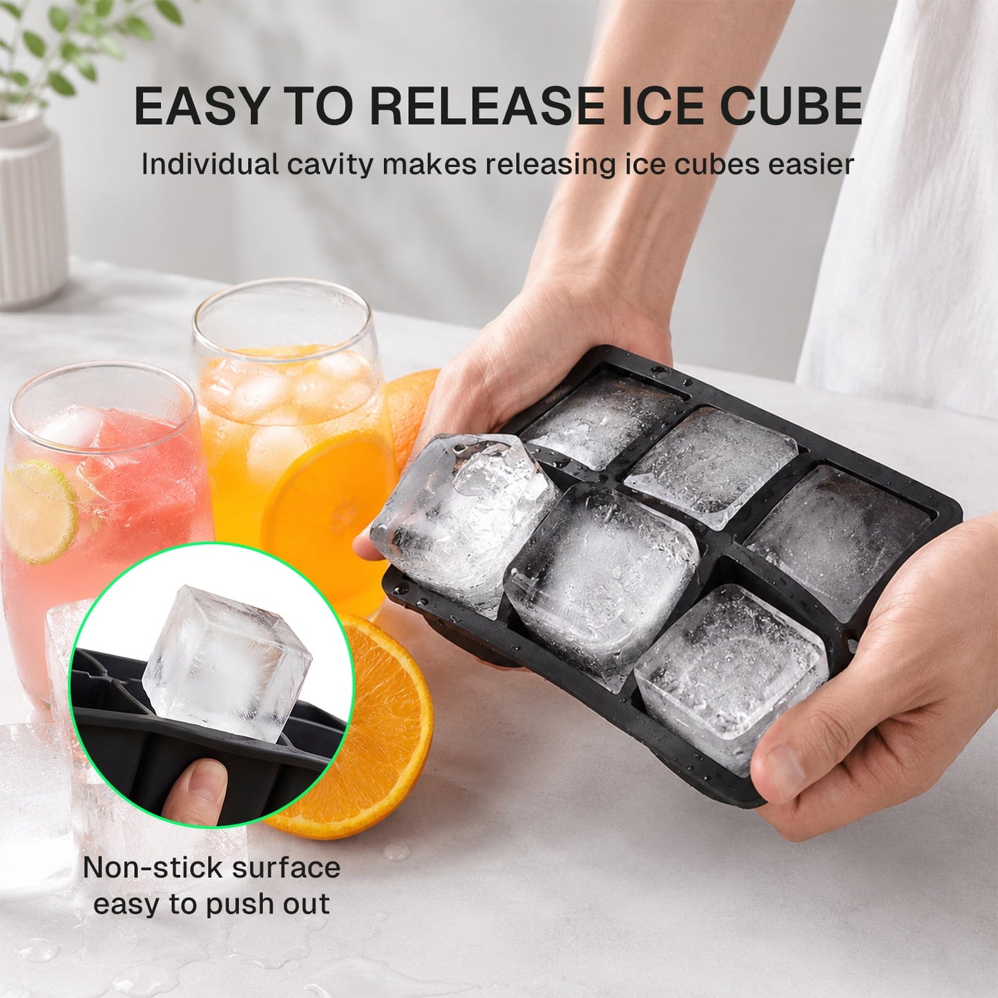 Behome 3 Pack Ice Cube Tray with Lid, 7 inch Cube Ice Trays for Cocktail Whisky, Ice Maker Tray with Lid for Freezer, Easy Release, Black