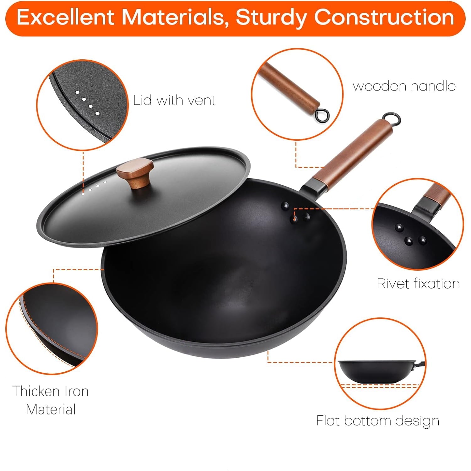 BN-LINK 12.5" Iron Wok Pan, Non-Stick Fry Pan With Domed Lid, No Chemical Coated, Flat Bottom Wok for Electric, Induction, Gas Stoves