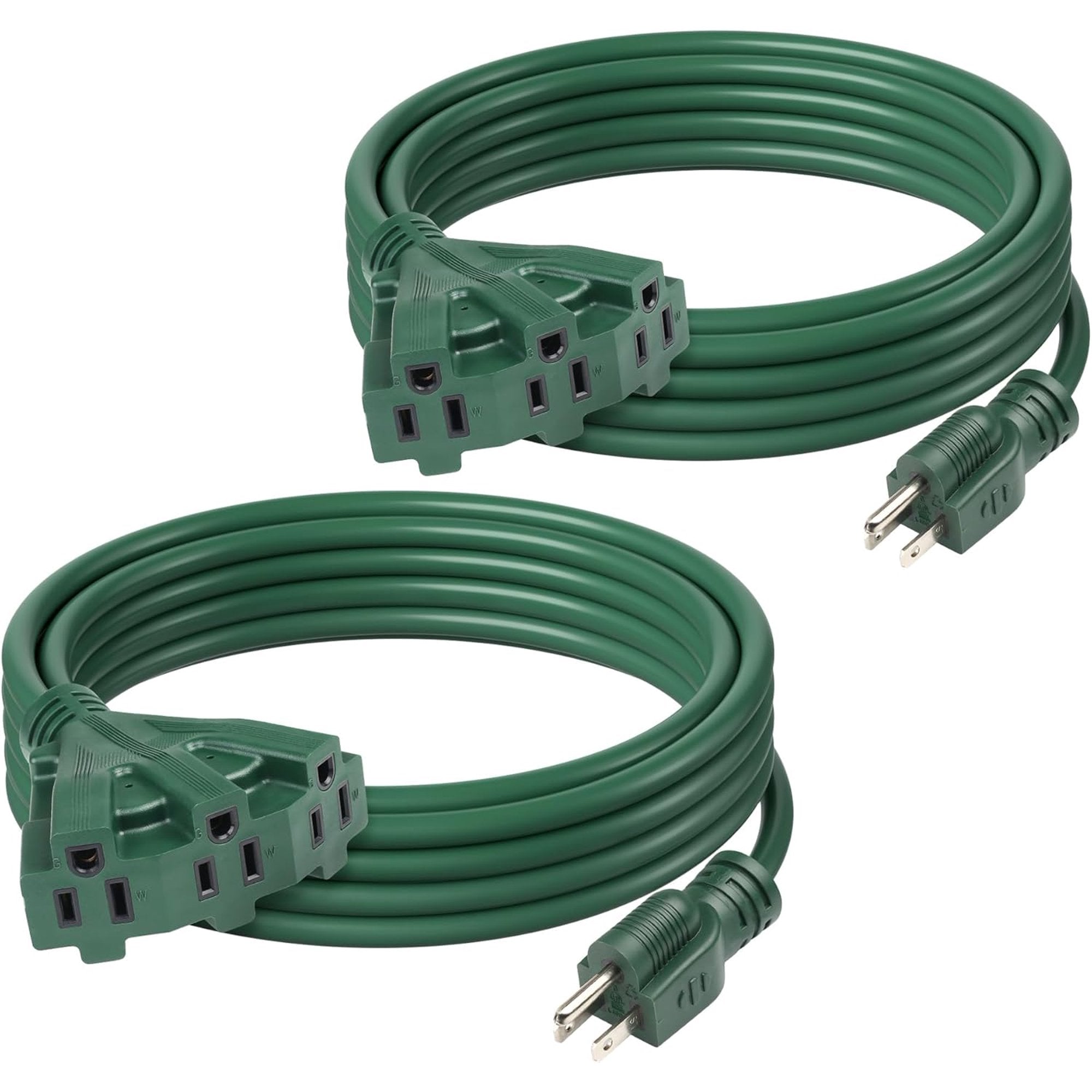 BN-LINK 2 Pack 15 ft 3 Outlet Lawn & Garden Outdoor Extension Cord 16/3 SJTW, Green, 3 Prong Grounded Plug