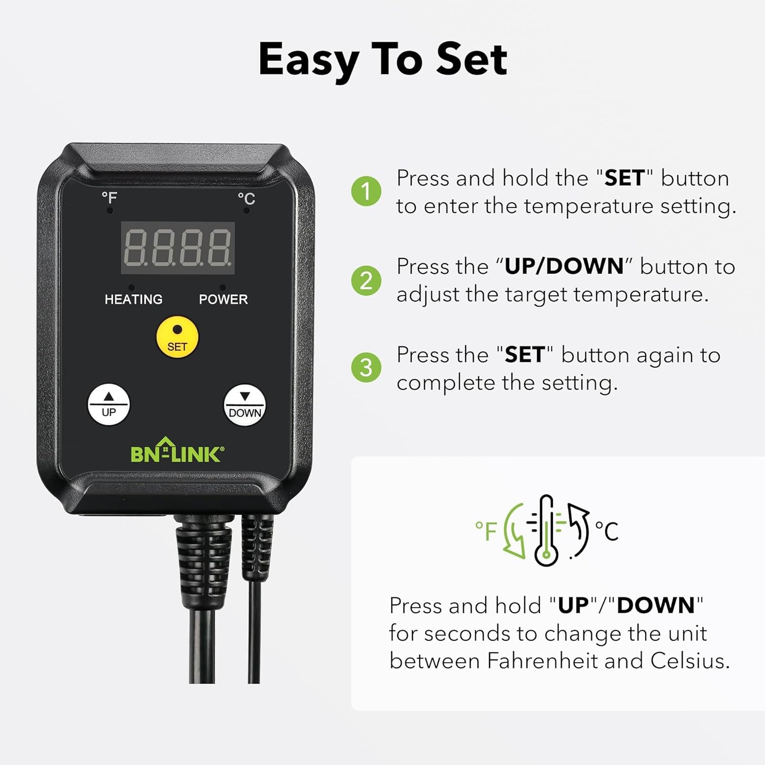 BN-LINK Digital Heat Mat Thermostat Temperature Controller for Seed Germination, Reptiles and Brewing Breeding Incubation Greenhouse, 40-108°F, 8.3A 1000W ETL Listed