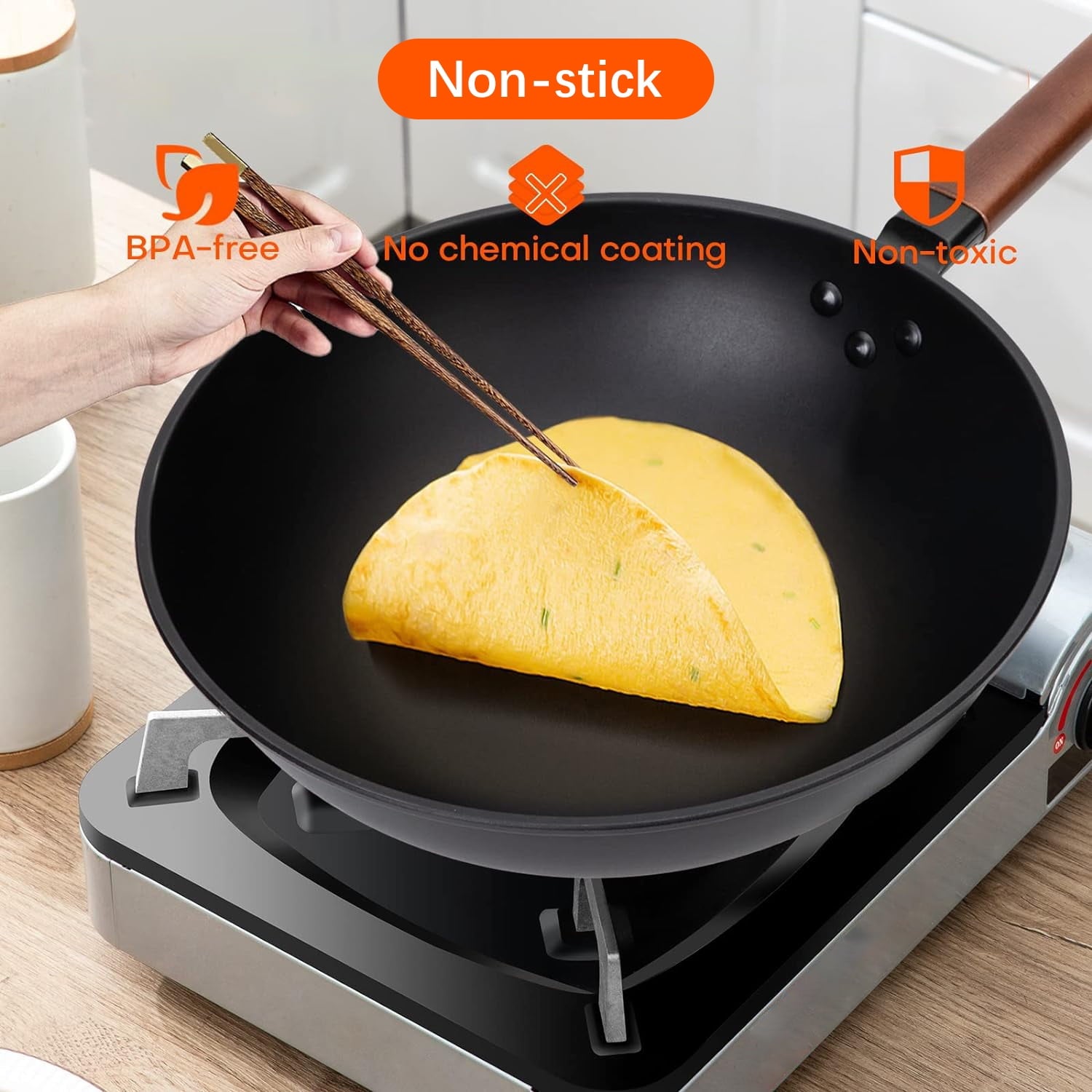 BN-LINK 12.5" Iron Wok Pan, Non-Stick Fry Pan With Domed Lid, No Chemical Coated, Flat Bottom Wok for Electric, Induction, Gas Stoves