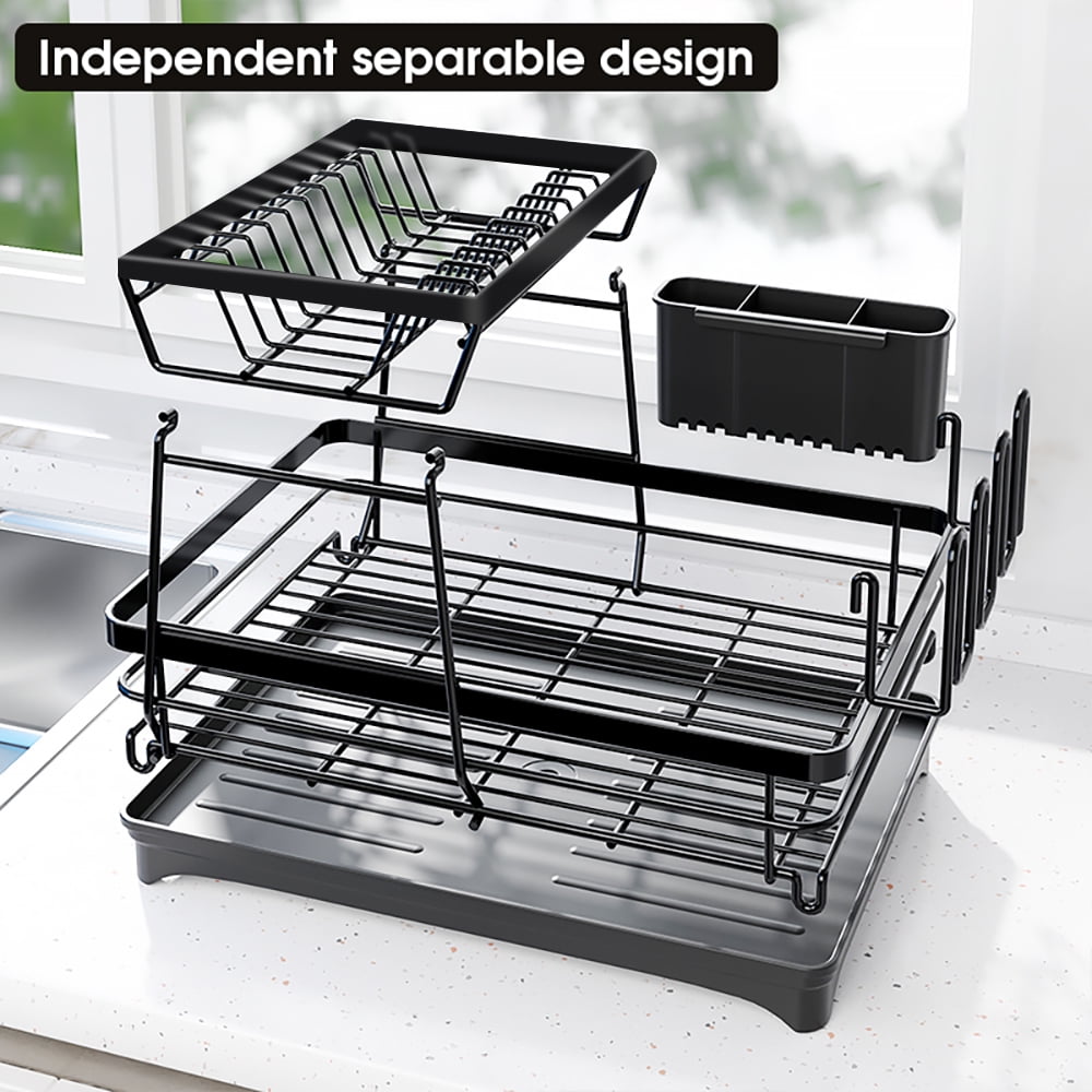 BN-LINK Dish Drying Rack, 2-Tier Dish Racks for Kitchen Counter, Dish Rack with Drainboard, Dish Drainer with Utensils Holder, for Dishes, Bowls, Cups, Knives, Forks, Black