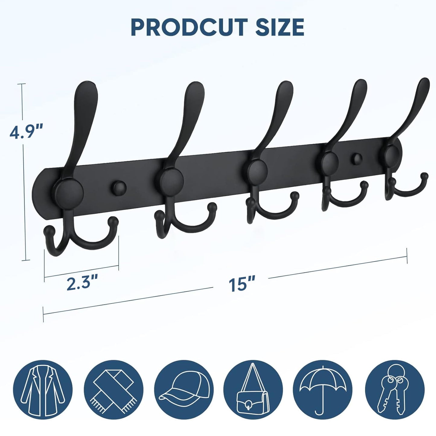 Behome 2 Packs Coat Rack Wall Mounted, Hat Wall Rack with 5 Hooks, for Hanging Jackets, Hats, Coats