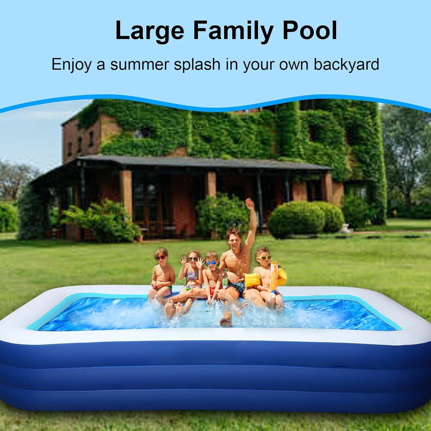 BN-LINK Inflatable Pool for Kids and Adults, 118" X 68" X 22" Oversized Thickened Family Swimming Pool for Toddlers, Outdoor, Garden, Backyard, Summer Water Party