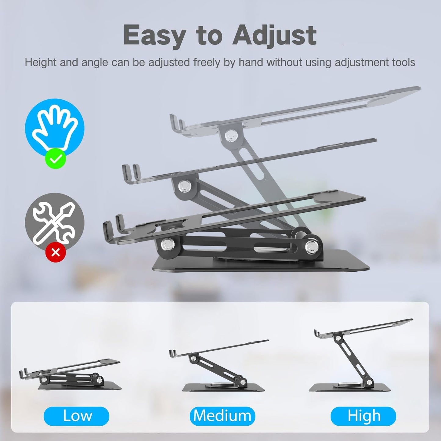 Behome Adjustable Laptop Stand for Desk, Foldable Laptop Riser with 360°Swivel Base, Height Adjustable Ventilated Laptop Holder, Compatible with MacBook, All 10"-16" Laptops