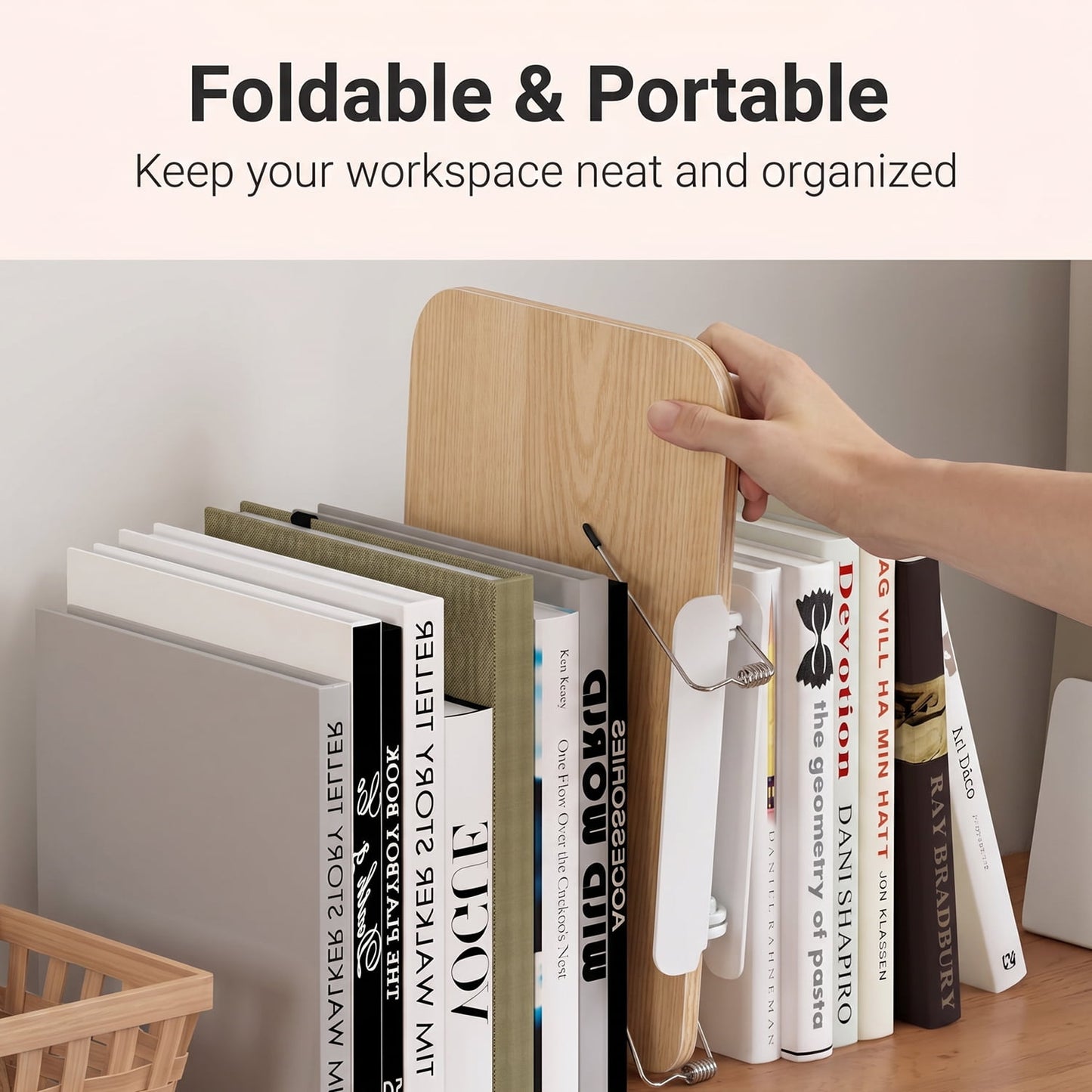 Behome Wood Book Stand, Adjustable Cookbook Stand with 360°Swivel Base & Page Paper Clips, Foldable Book Holder for Music Book, Tablet, Kitchen & Office