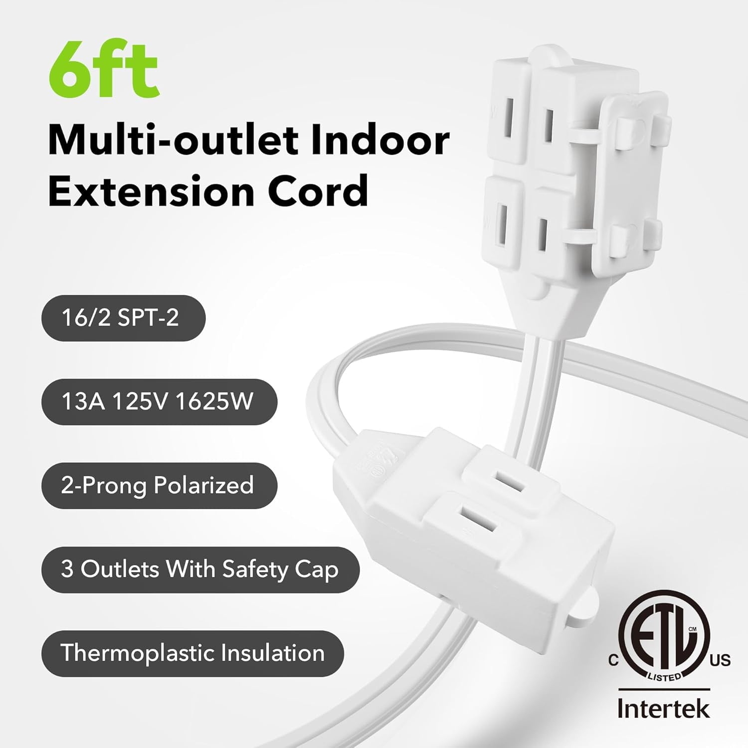 BN-LINK 6 ft 3 Outlet Indoor Extension Cord 16/2 SPT-2, White, 2 Prong Polarized Plug