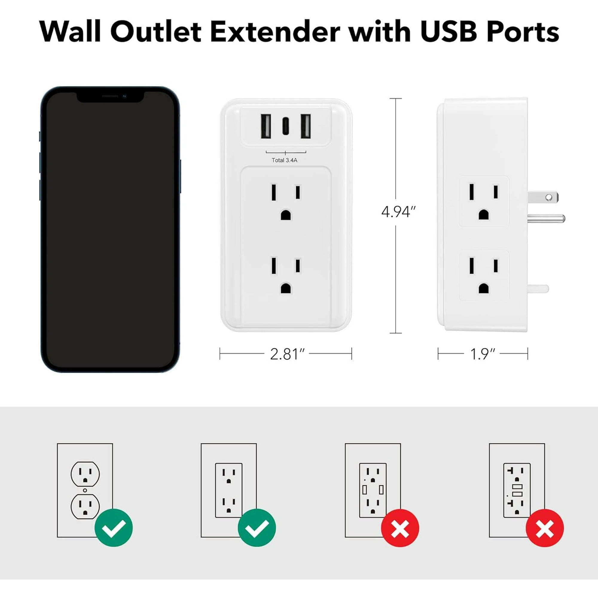 BN-LINK Multi Plug Outlet Extender, 6 Wall Outlets and 3 USB Ports (1 USB C), Multi Outlet Splitter Power Strip, USB Wall Power Strip Plug Adapter for Home, Office, Travel, 5V, 3.4A