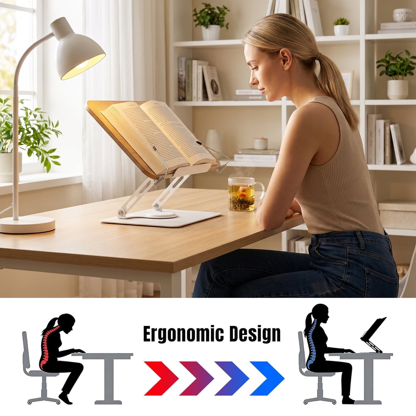 Behome Wood Book Stand, Adjustable Cookbook Stand with 360°Swivel Base & Page Paper Clips, Foldable Book Holder for Music Book, Tablet, Kitchen & Office