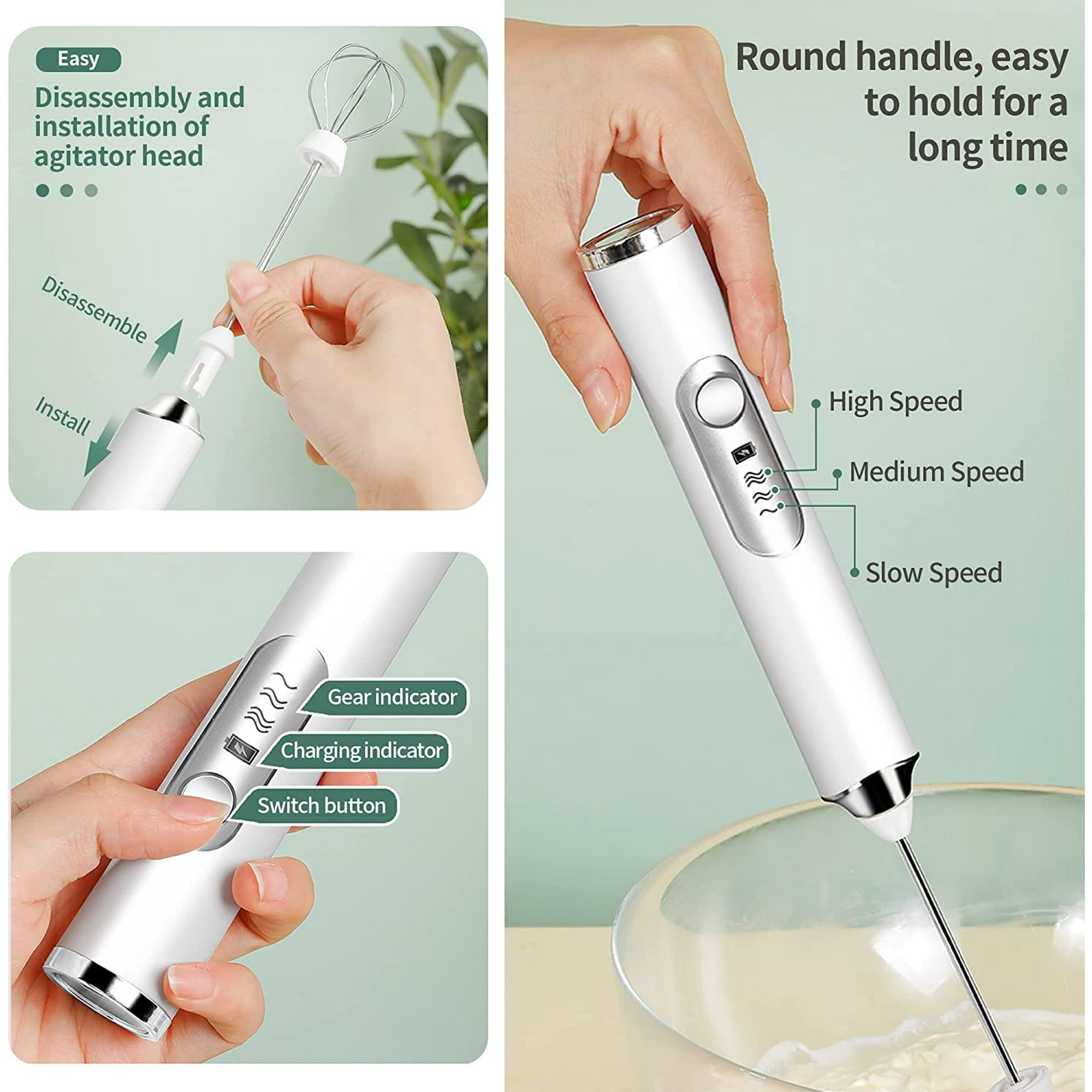 BN-LINK Handheld Milk Frother USB Rechargeable, with 2 Heads Coffee Whisk Foam Mixer, 3 Speeds Electric Mini Blender for Latte, Cappuccino, Hot Chocolate, Egg