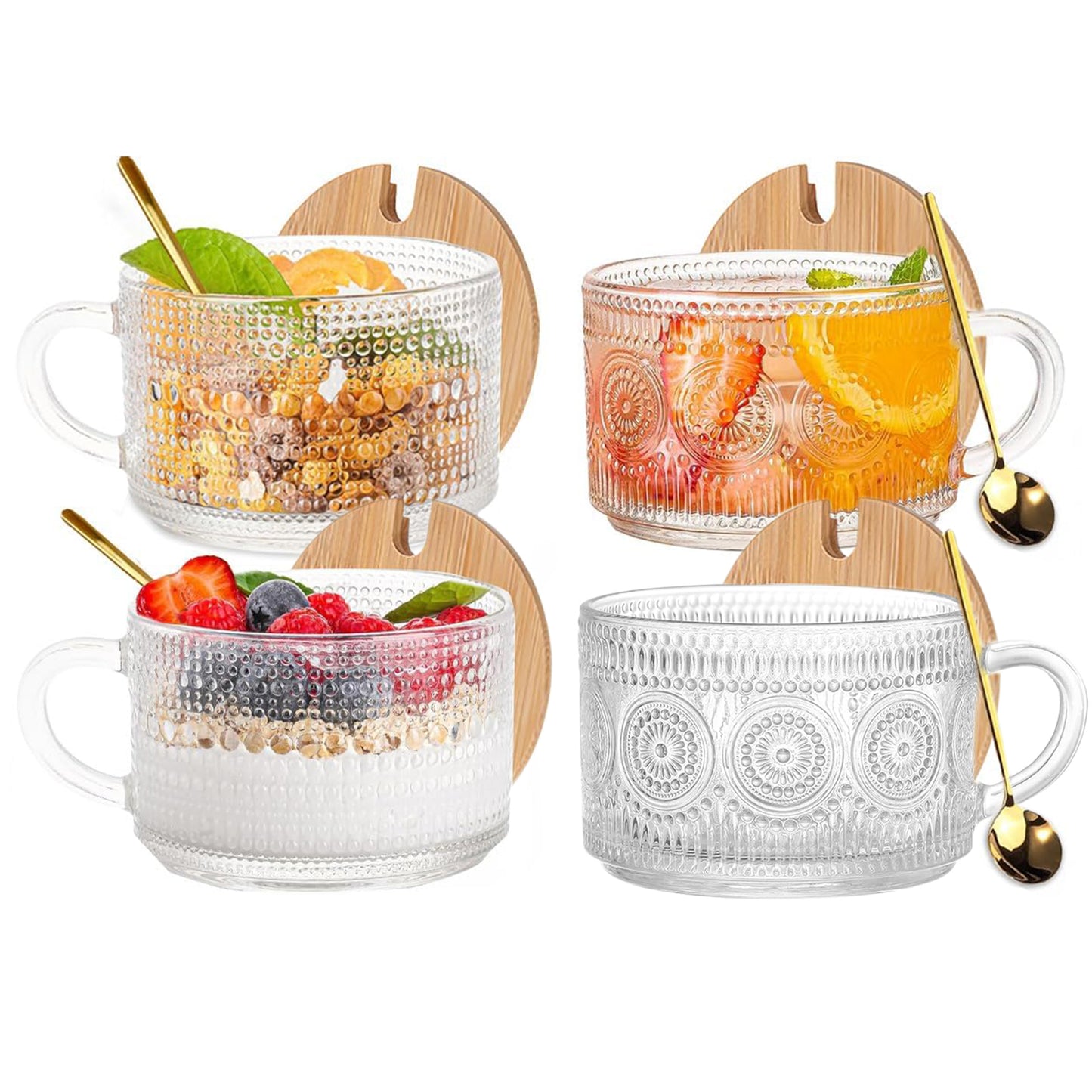 Behome 4pcs Set Glass Coffee Mugs, 14 Oz Coffee Cups with Bamboo Lids and Spoons, Clear Embossed Vintage Glass Cups for Cappuccino, Latte, Cereal, Yogurt